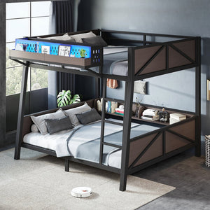 English Elm Full Metal Bunk Bed with LED Lighting USB Ports and Storage Shelves for Teens W5316S00071