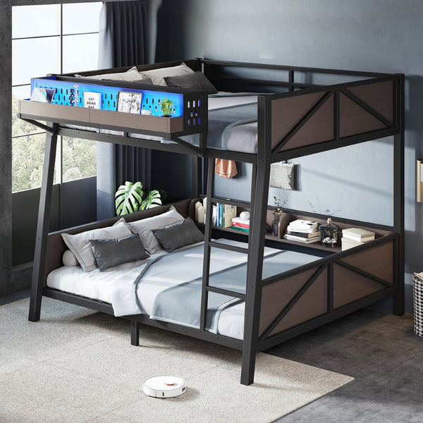English Elm Full Metal Bunk Bed with LED Lighting USB Ports and Storage Shelves for Teens W5316S00071