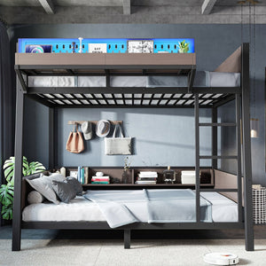 English Elm Full Metal Bunk Bed with LED Lighting USB Ports and Storage Shelves for Teens W5316S00071