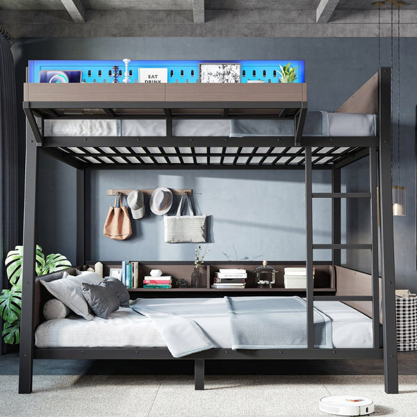 English Elm Full Metal Bunk Bed with LED Lighting USB Ports and Storage Shelves for Teens W5316S00071