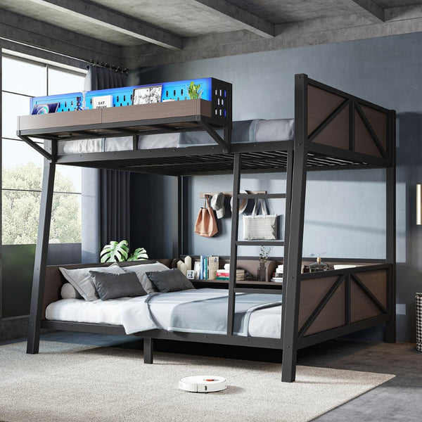 English Elm Full Metal Bunk Bed with LED Lighting USB Ports and Storage Shelves for Teens W5316S00071
