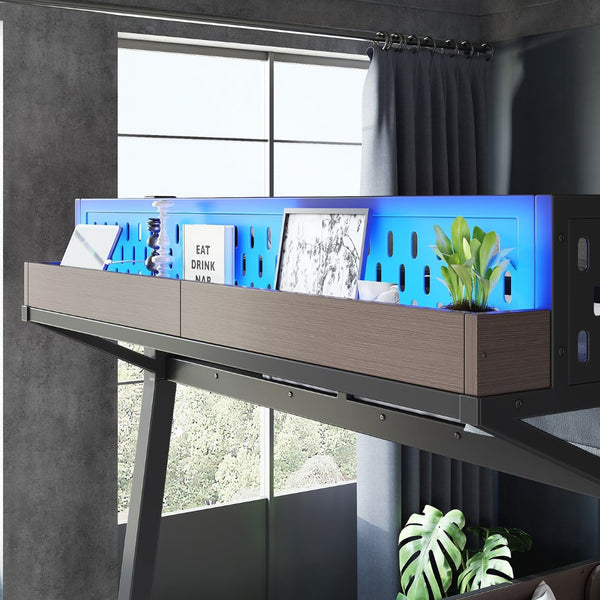 English Elm Full Metal Bunk Bed with LED Lighting USB Ports and Storage Shelves for Teens W5316S00071