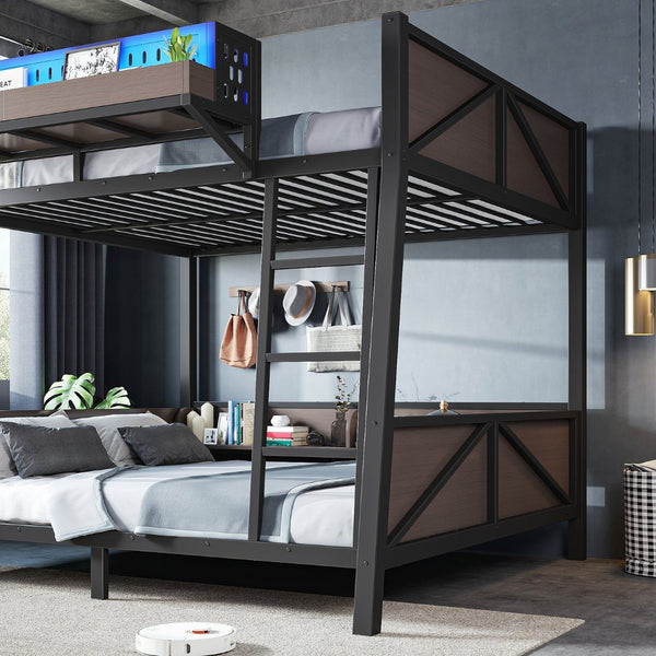 English Elm Full Metal Bunk Bed with LED Lighting USB Ports and Storage Shelves for Teens W5316S00071