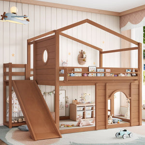 English Elm Full Size House Loft Bed Pine Frame with Slide Wardrobe Bookshelves and Round Window Natural W5316S00074