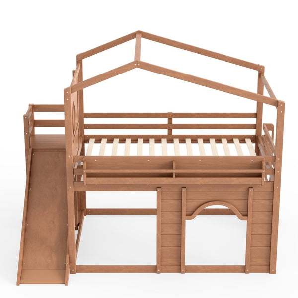 English Elm Full Size House Loft Bed Pine Frame with Slide Wardrobe Bookshelves and Round Window Natural W5316S00074