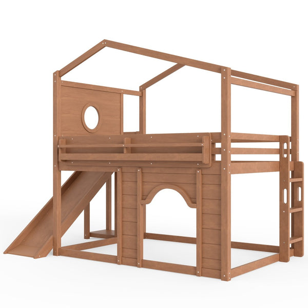 English Elm Full Size House Loft Bed Pine Frame with Slide Wardrobe Bookshelves and Round Window Natural W5316S00074