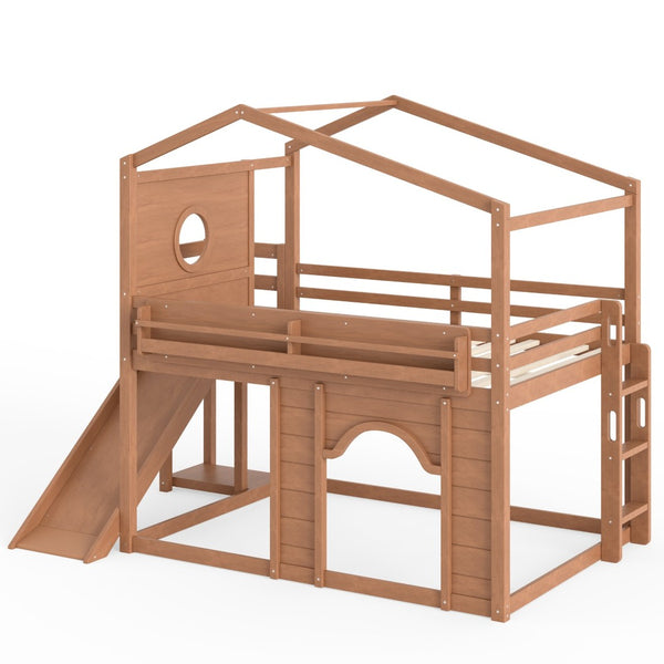 English Elm Full Size House Loft Bed Pine Frame with Slide Wardrobe Bookshelves and Round Window Natural W5316S00074