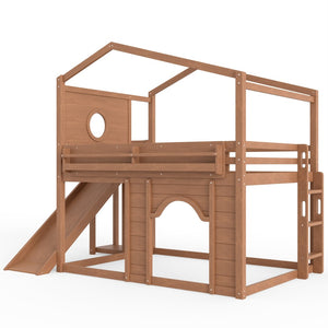 English Elm Full Size House Loft Bed Pine Frame with Slide Wardrobe Bookshelves and Round Window Natural W5316S00074