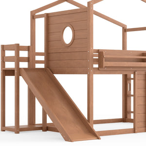 English Elm Full Size House Loft Bed Pine Frame with Slide Wardrobe Bookshelves and Round Window Natural W5316S00074
