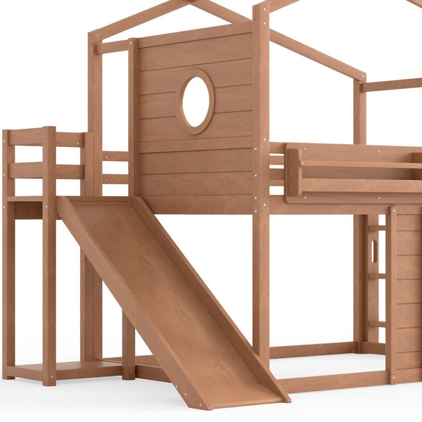 English Elm Full Size House Loft Bed Pine Frame with Slide Wardrobe Bookshelves and Round Window Natural W5316S00074