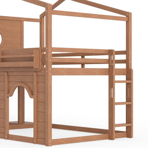 English Elm Full Size House Loft Bed Pine Frame with Slide Wardrobe Bookshelves and Round Window Natural W5316S00074