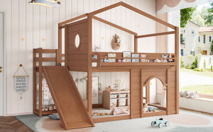 English Elm Full Size House Loft Bed Pine Frame with Slide Wardrobe Bookshelves and Round Window Natural W5316S00074