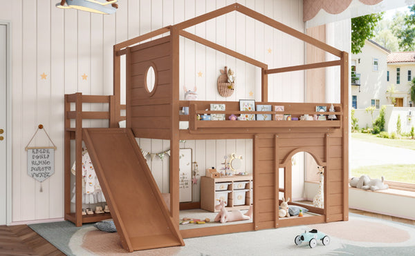 English Elm Full Size House Loft Bed Pine Frame with Slide Wardrobe Bookshelves and Round Window Natural W5316S00074