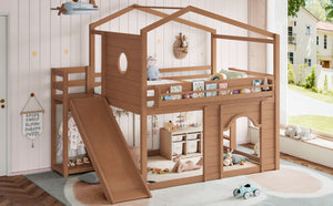 English Elm Full Size House Loft Bed Pine Frame with Slide Wardrobe Bookshelves and Round Window Natural W5316S00074