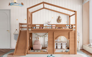 English Elm Full Size House Loft Bed Pine Frame with Slide Wardrobe Bookshelves and Round Window Natural W5316S00074