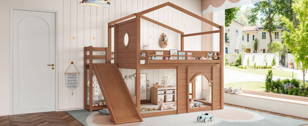 English Elm Full Size House Loft Bed Pine Frame with Slide Wardrobe Bookshelves and Round Window Natural W5316S00074