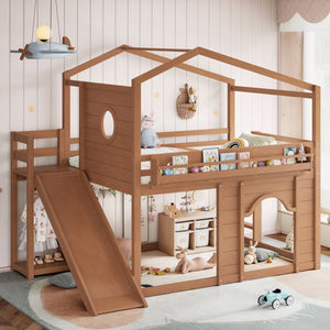 English Elm Full Size House Loft Bed Pine Frame with Slide Wardrobe Bookshelves and Round Window Natural W5316S00074