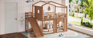 English Elm Full Size House Loft Bed Pine Frame with Slide Wardrobe Bookshelves and Round Window Natural W5316S00074