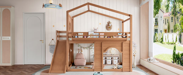 English Elm Full Size House Loft Bed Pine Frame with Slide Wardrobe Bookshelves and Round Window Natural W5316S00074