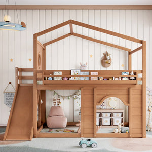 English Elm Full Size House Loft Bed Pine Frame with Slide Wardrobe Bookshelves and Round Window Natural W5316S00074