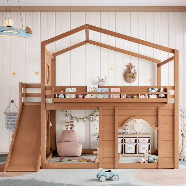 English Elm Full Size House Loft Bed Pine Frame with Slide Wardrobe Bookshelves and Round Window Natural W5316S00074