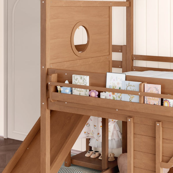 English Elm Full Size House Loft Bed Pine Frame with Slide Wardrobe Bookshelves and Round Window Natural W5316S00074