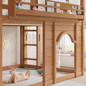 English Elm Full Size House Loft Bed Pine Frame with Slide Wardrobe Bookshelves and Round Window Natural W5316S00074