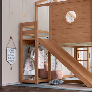 English Elm Full Size House Loft Bed Pine Frame with Slide Wardrobe Bookshelves and Round Window Natural W5316S00074