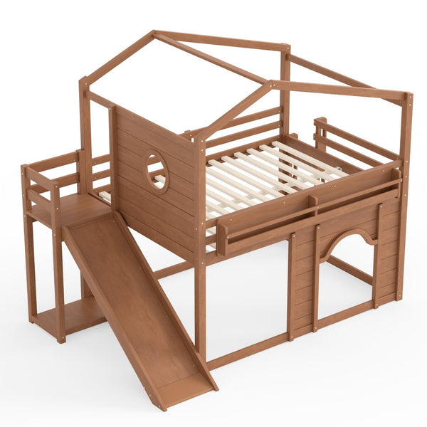 English Elm Full Size House Loft Bed Pine Frame with Slide Wardrobe Bookshelves and Round Window Natural W5316S00074