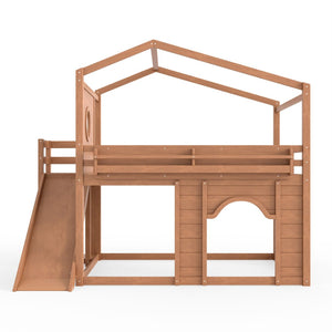 English Elm Full Size House Loft Bed Pine Frame with Slide Wardrobe Bookshelves and Round Window Natural W5316S00074