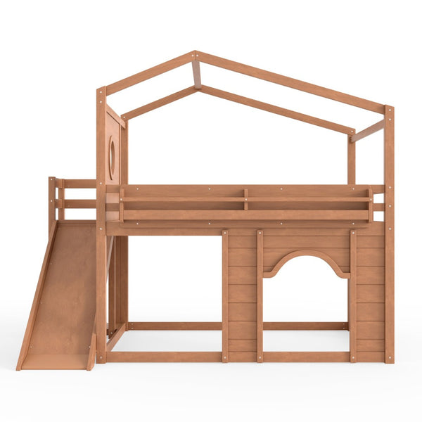 English Elm Full Size House Loft Bed Pine Frame with Slide Wardrobe Bookshelves and Round Window Natural W5316S00074
