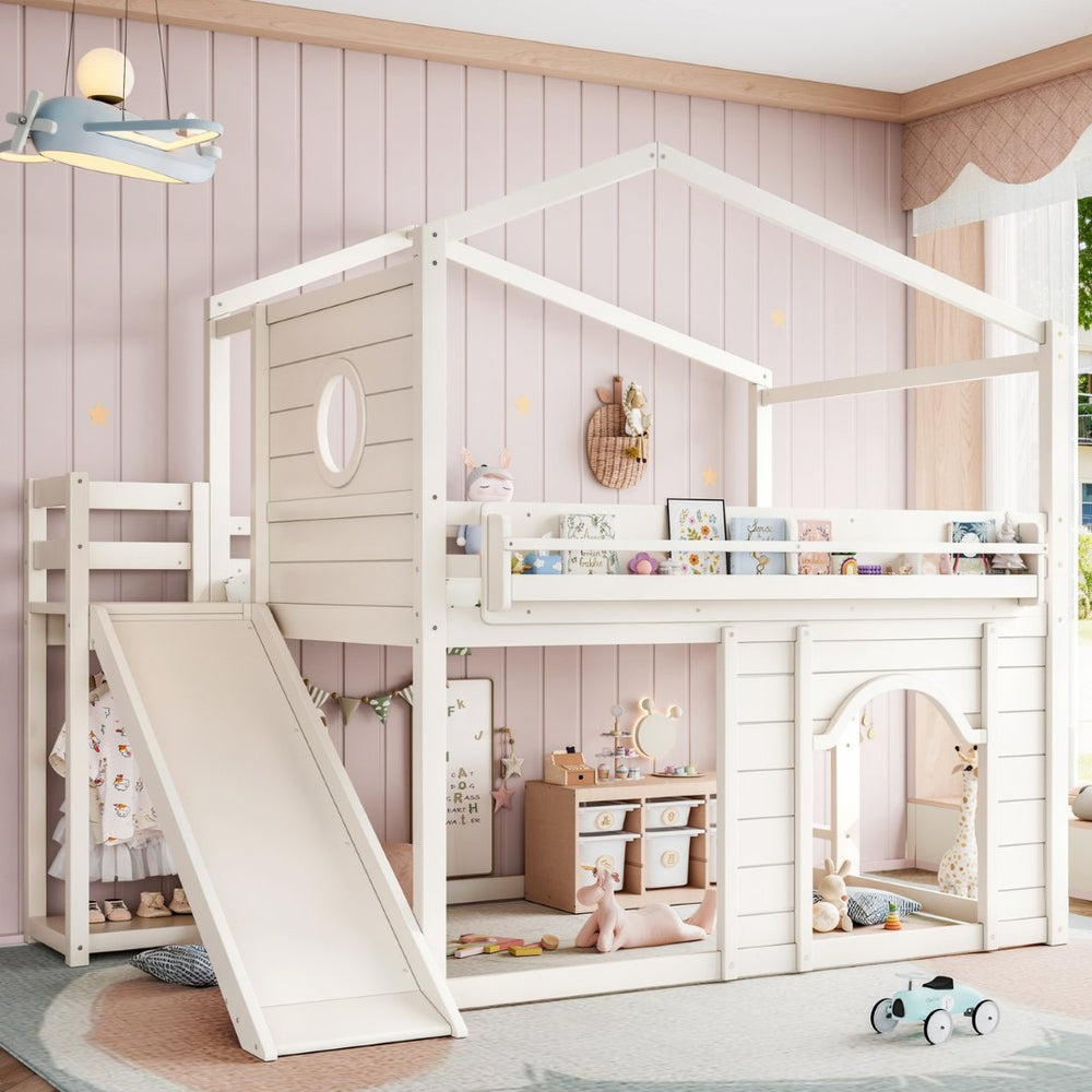 English Elm Full Size House Loft Bed Pine Frame with Slide Wardrobe Bookshelves and Round Window Beige W5316S00075