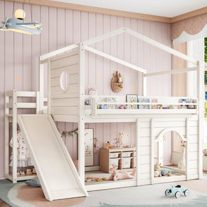 English Elm Full Size House Loft Bed Pine Frame with Slide Wardrobe Bookshelves and Round Window Beige W5316S00075