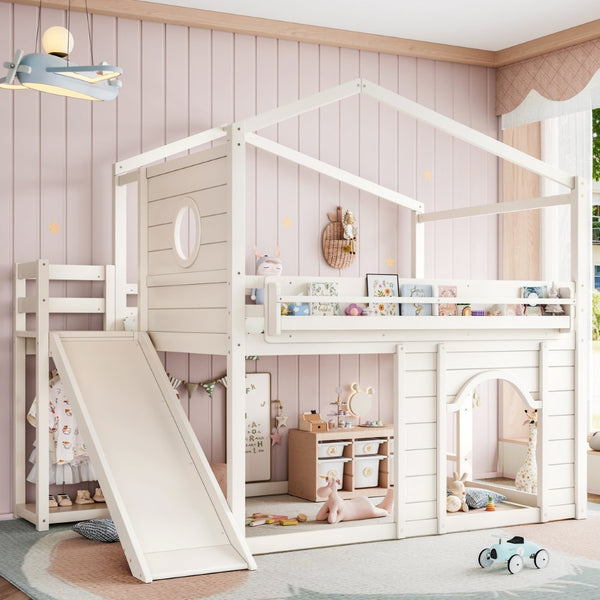 English Elm Full Size House Loft Bed Pine Frame with Slide Wardrobe Bookshelves and Round Window Beige W5316S00075