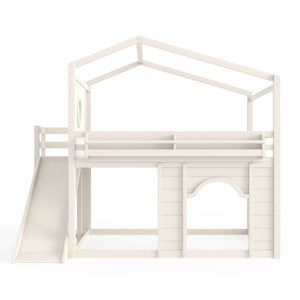 English Elm Full Size House Loft Bed Pine Frame with Slide Wardrobe Bookshelves and Round Window Beige W5316S00075