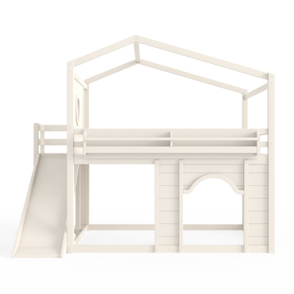 English Elm Full Size House Loft Bed Pine Frame with Slide Wardrobe Bookshelves and Round Window Beige W5316S00075