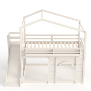 English Elm Full Size House Loft Bed Pine Frame with Slide Wardrobe Bookshelves and Round Window Beige W5316S00075