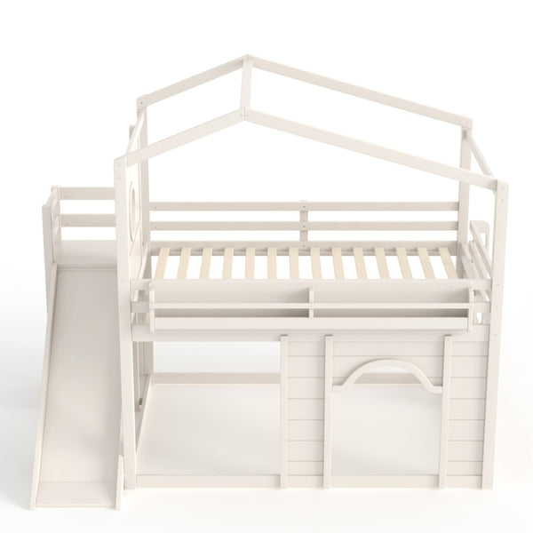 English Elm Full Size House Loft Bed Pine Frame with Slide Wardrobe Bookshelves and Round Window Beige W5316S00075