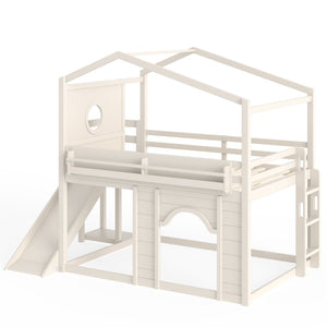 English Elm Full Size House Loft Bed Pine Frame with Slide Wardrobe Bookshelves and Round Window Beige W5316S00075