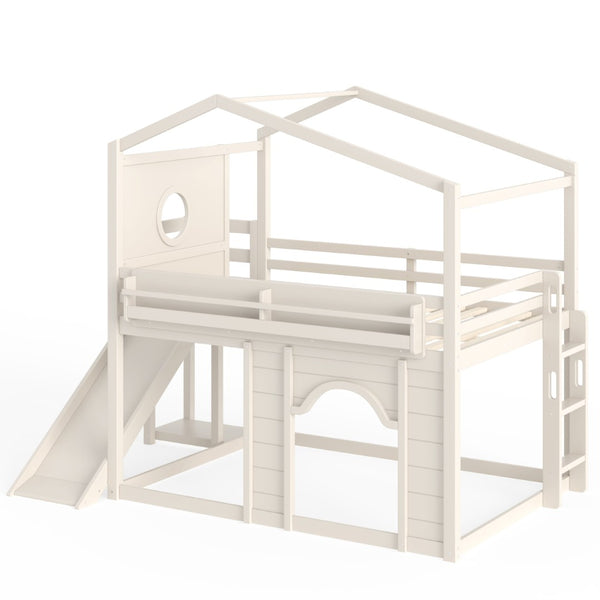 English Elm Full Size House Loft Bed Pine Frame with Slide Wardrobe Bookshelves and Round Window Beige W5316S00075