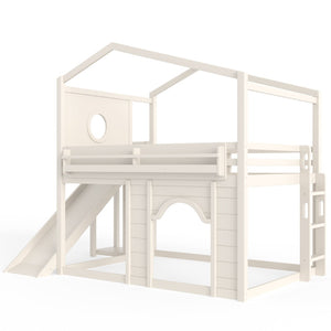 English Elm Full Size House Loft Bed Pine Frame with Slide Wardrobe Bookshelves and Round Window Beige W5316S00075