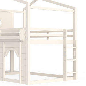 English Elm Full Size House Loft Bed Pine Frame with Slide Wardrobe Bookshelves and Round Window Beige W5316S00075