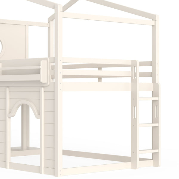 English Elm Full Size House Loft Bed Pine Frame with Slide Wardrobe Bookshelves and Round Window Beige W5316S00075