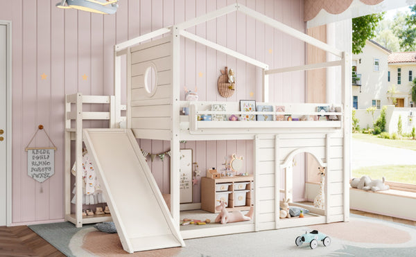 English Elm Full Size House Loft Bed Pine Frame with Slide Wardrobe Bookshelves and Round Window Beige W5316S00075