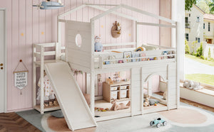 English Elm Full Size House Loft Bed Pine Frame with Slide Wardrobe Bookshelves and Round Window Beige W5316S00075