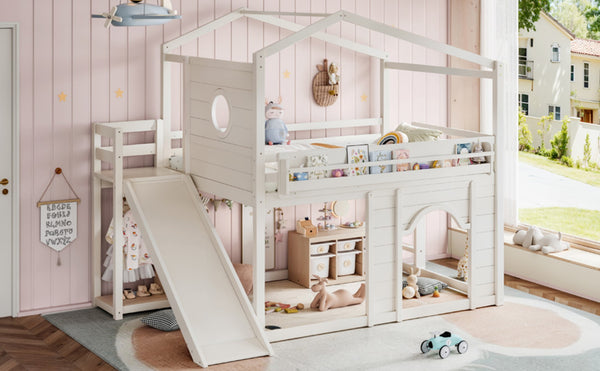 English Elm Full Size House Loft Bed Pine Frame with Slide Wardrobe Bookshelves and Round Window Beige W5316S00075