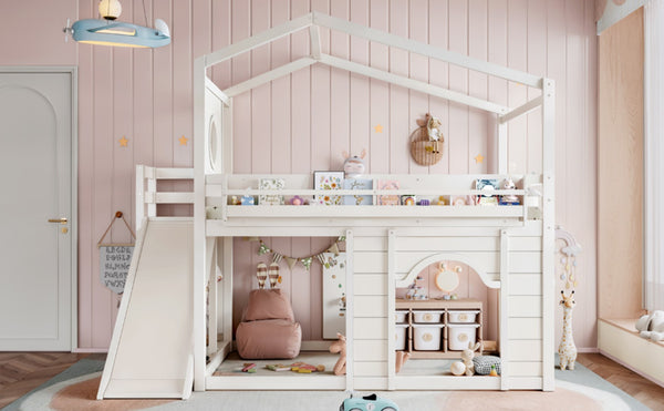English Elm Full Size House Loft Bed Pine Frame with Slide Wardrobe Bookshelves and Round Window Beige W5316S00075