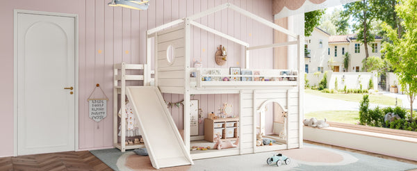 English Elm Full Size House Loft Bed Pine Frame with Slide Wardrobe Bookshelves and Round Window Beige W5316S00075