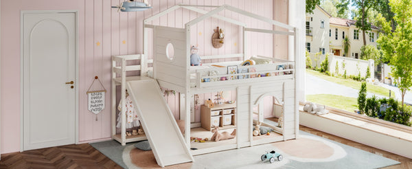 English Elm Full Size House Loft Bed Pine Frame with Slide Wardrobe Bookshelves and Round Window Beige W5316S00075