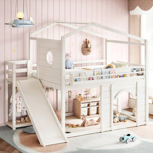English Elm Full Size House Loft Bed Pine Frame with Slide Wardrobe Bookshelves and Round Window Beige W5316S00075